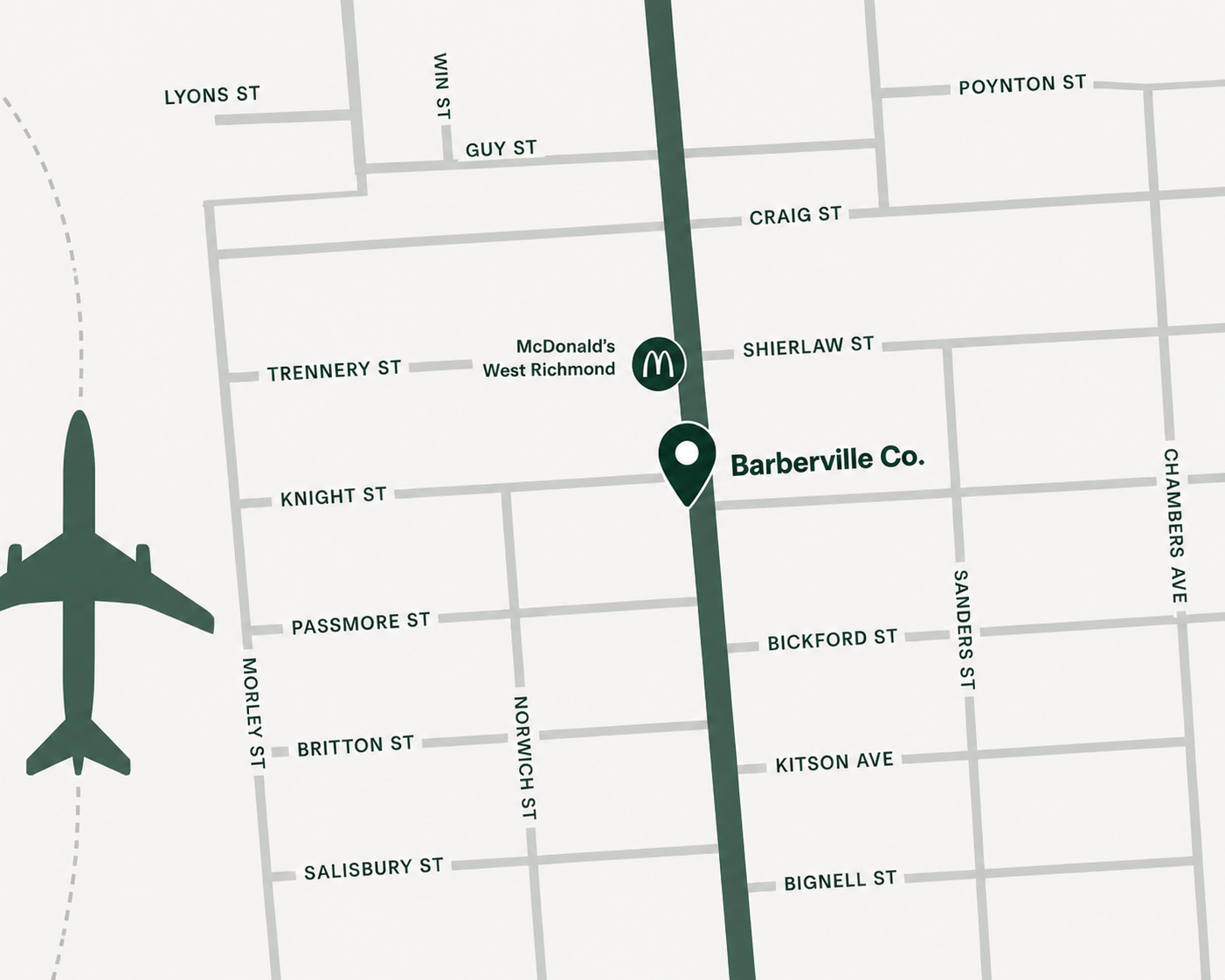 Map showing Barberville Co. location at 146B Marion Rd, West Richmond